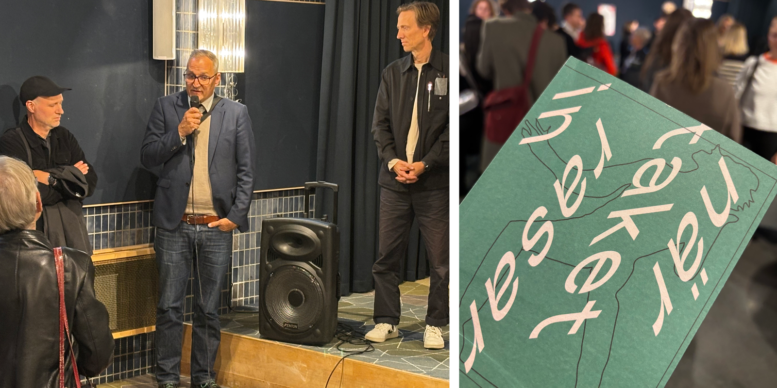 Samling av människor samt boken "När taket rasar in"